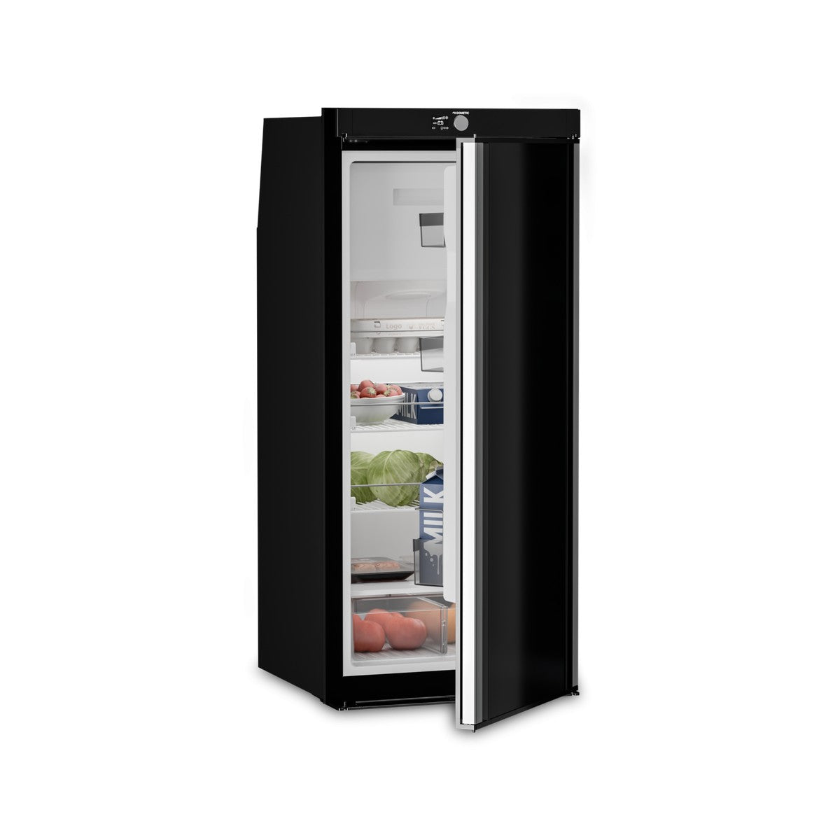 Dometic RUA 5308X single-door caravan fridge with the door open and food inside, showing the full-height silver door handle