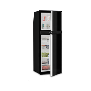 Dometic RUA 6508X two-door caravan fridge with both doors open and food inside, showing the full-height silver door handles