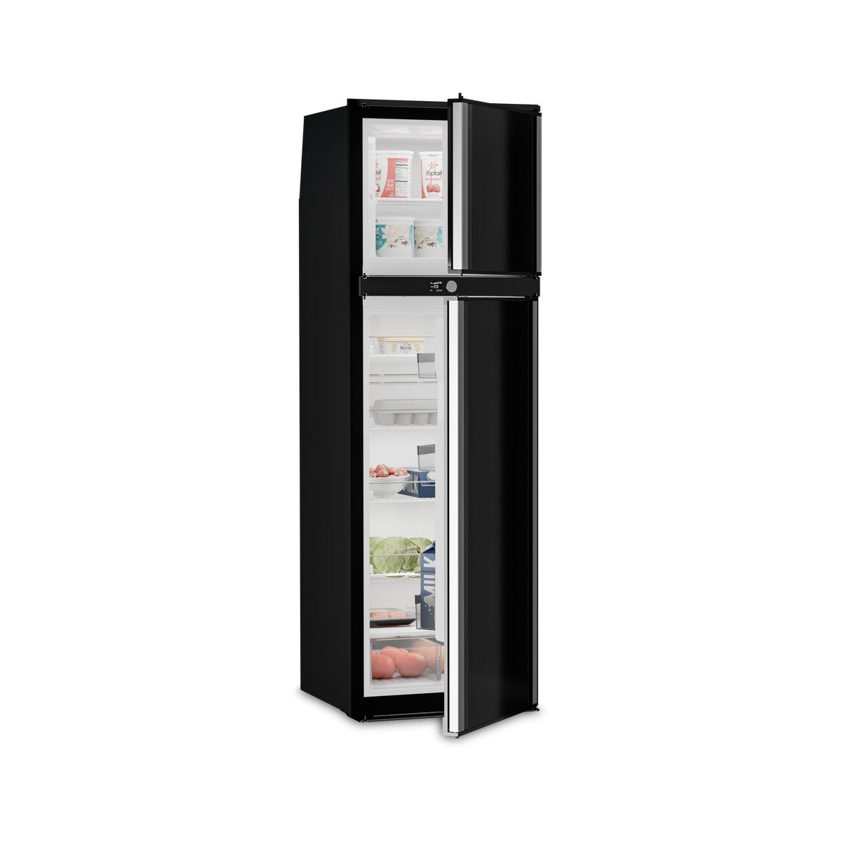 Dometic RUA 8508X two-door caravan fridge with both doors open and food inside, showing the full-height silver door handles