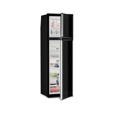 Dometic RUA 8508X two-door caravan fridge with both doors open and food inside, showing the full-height silver door handles