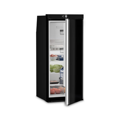 Dometic RUC 5308X caravan fridge with both doors open and silver handles, freezer on top and stocked fridge below