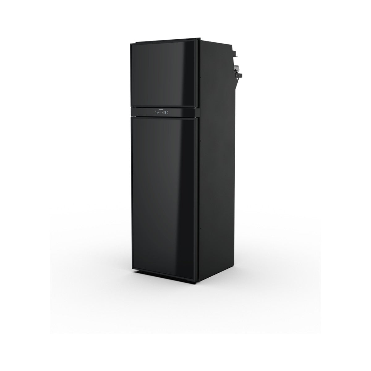Front three-quarter view of the closed Dometic RUC 6404X upright caravan fridge in black