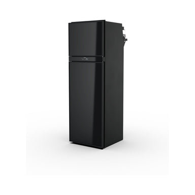 Front three-quarter view of the closed Dometic RUC 6404X upright caravan fridge in black
