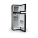 Dometic RUC 6404X upright caravan fridge with the freezer and fridge doors open, showing shelves and door racks