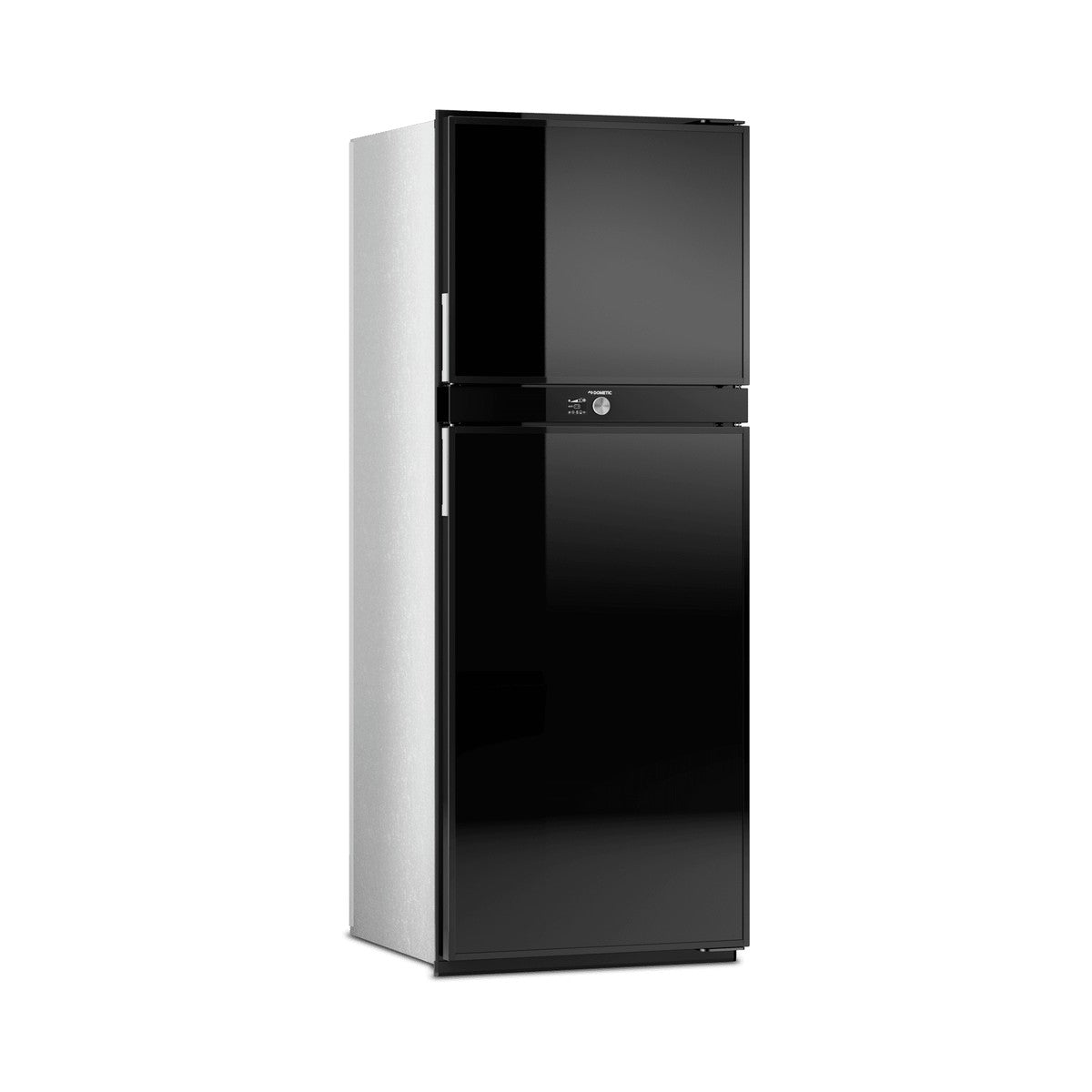 Front three-quarter view of the closed Dometic RUC 6408X upright caravan fridge in black