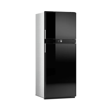 Front three-quarter view of the closed Dometic RUC 6408X upright caravan fridge in black