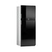 Front three-quarter view of the closed Dometic RUC 6408X upright caravan fridge in black