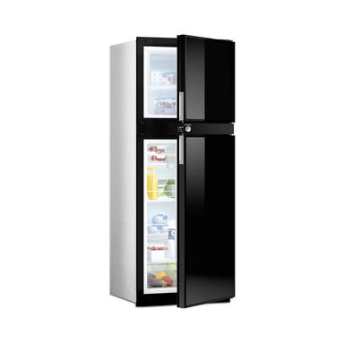Dometic RUC 6408X upright caravan fridge with the freezer and fridge doors open, showing shelves and door racks