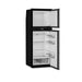 Dometic RUC 6508X caravan fridge with both doors open and black handles, showing empty shelves and door racks