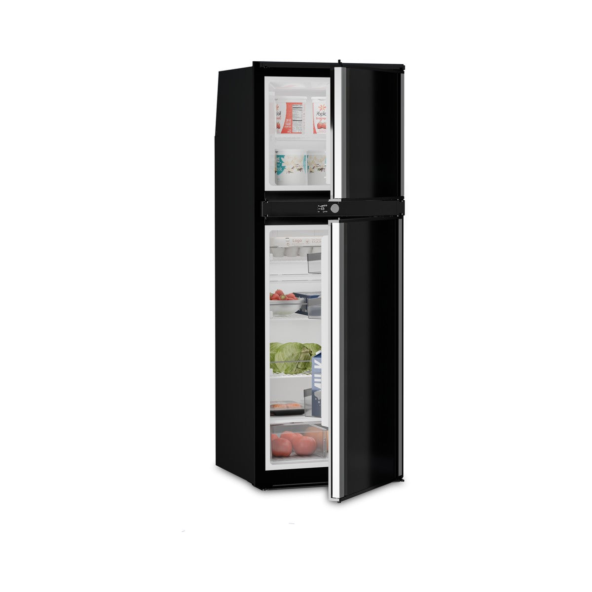 Dometic RUC 6508X caravan fridge with both doors open and silver handles, freezer on top and stocked fridge below