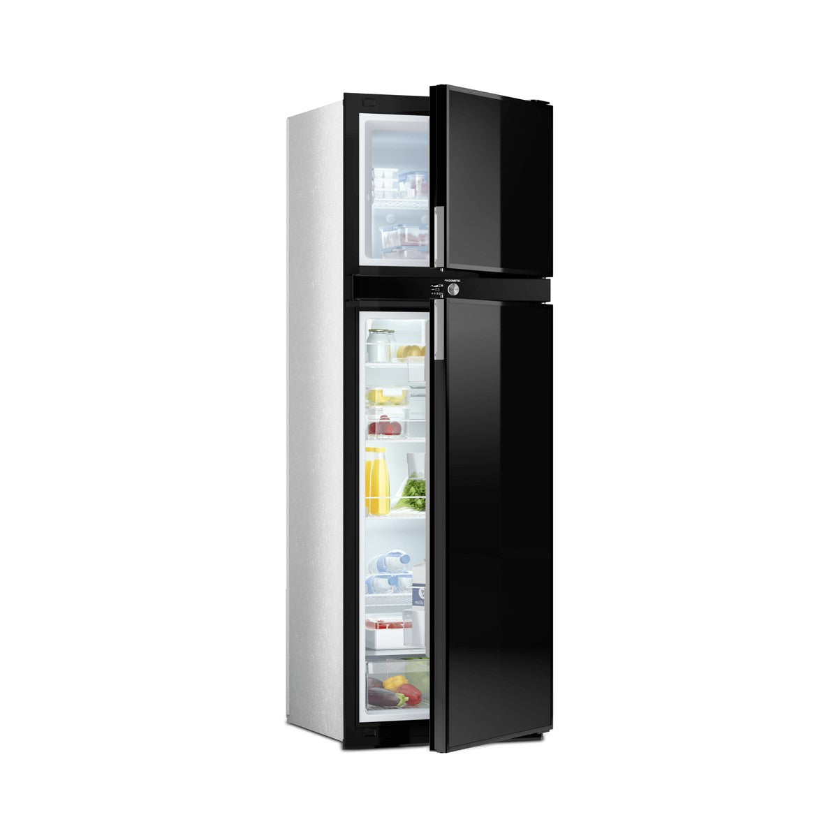 Dometic RUC 8408X upright caravan fridge with the freezer and fridge doors open, showing shelves and door racks