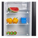 Stocked fridge shelves inside a Dometic RUC 8408X holding watermelon, capsicums and storage containers