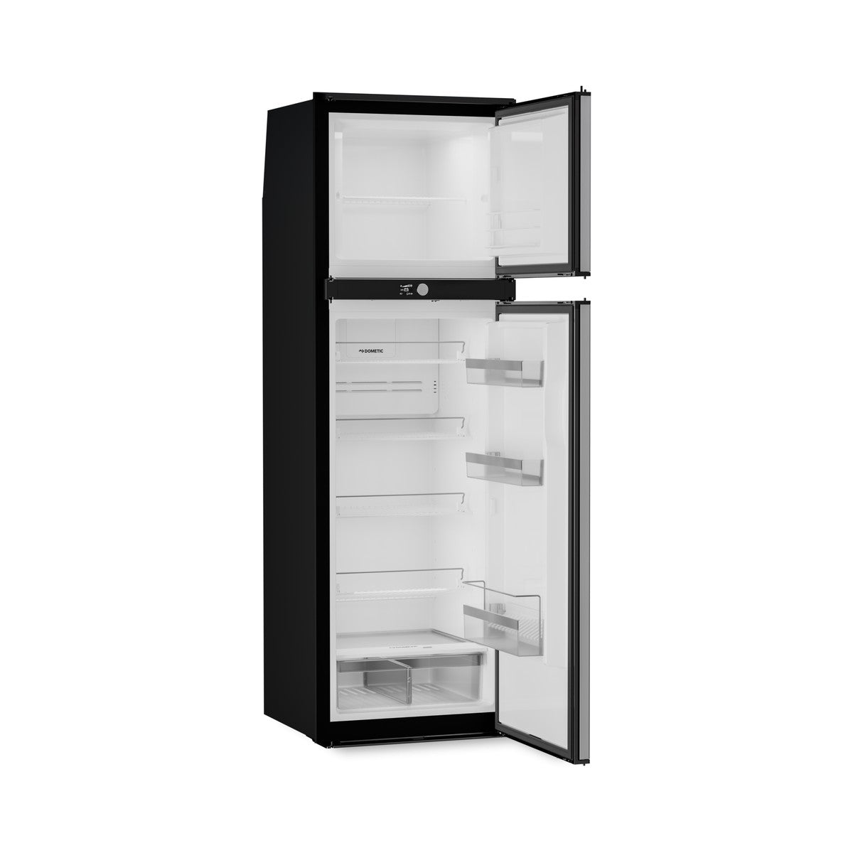 Dometic RUC 8508X caravan fridge with both doors open and black handles, showing empty shelves and door racks