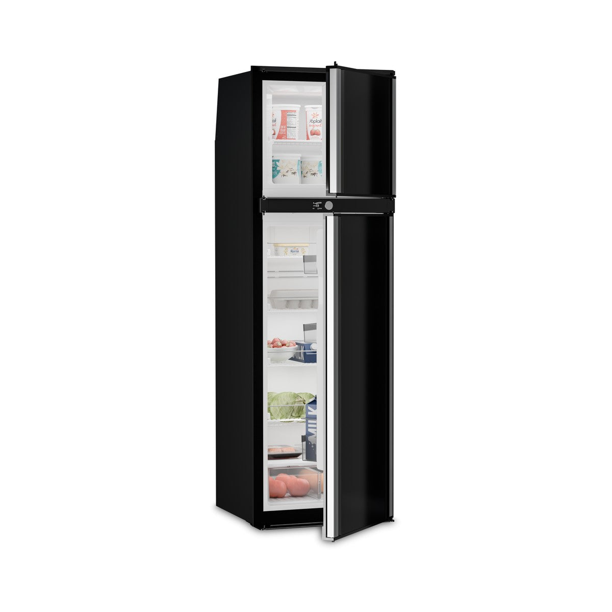 Dometic RUC 8508X caravan fridge with both doors open and silver handles, freezer on top and stocked fridge below