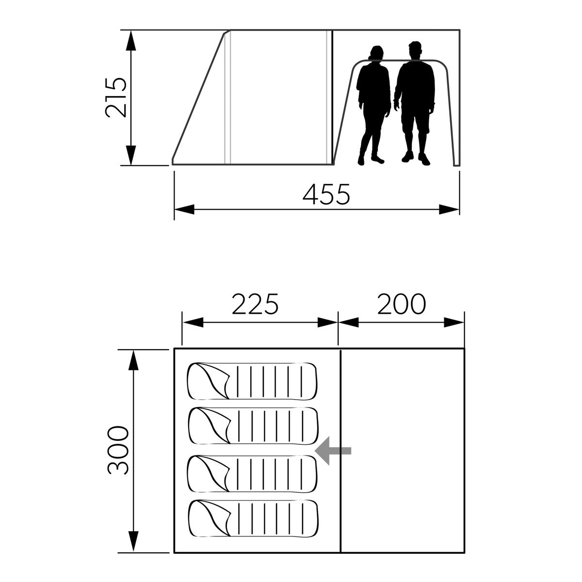 Dimension drawing of the Dometic Santorini FTK 2x4 TC showing 455cm length, 300cm width and 215cm height