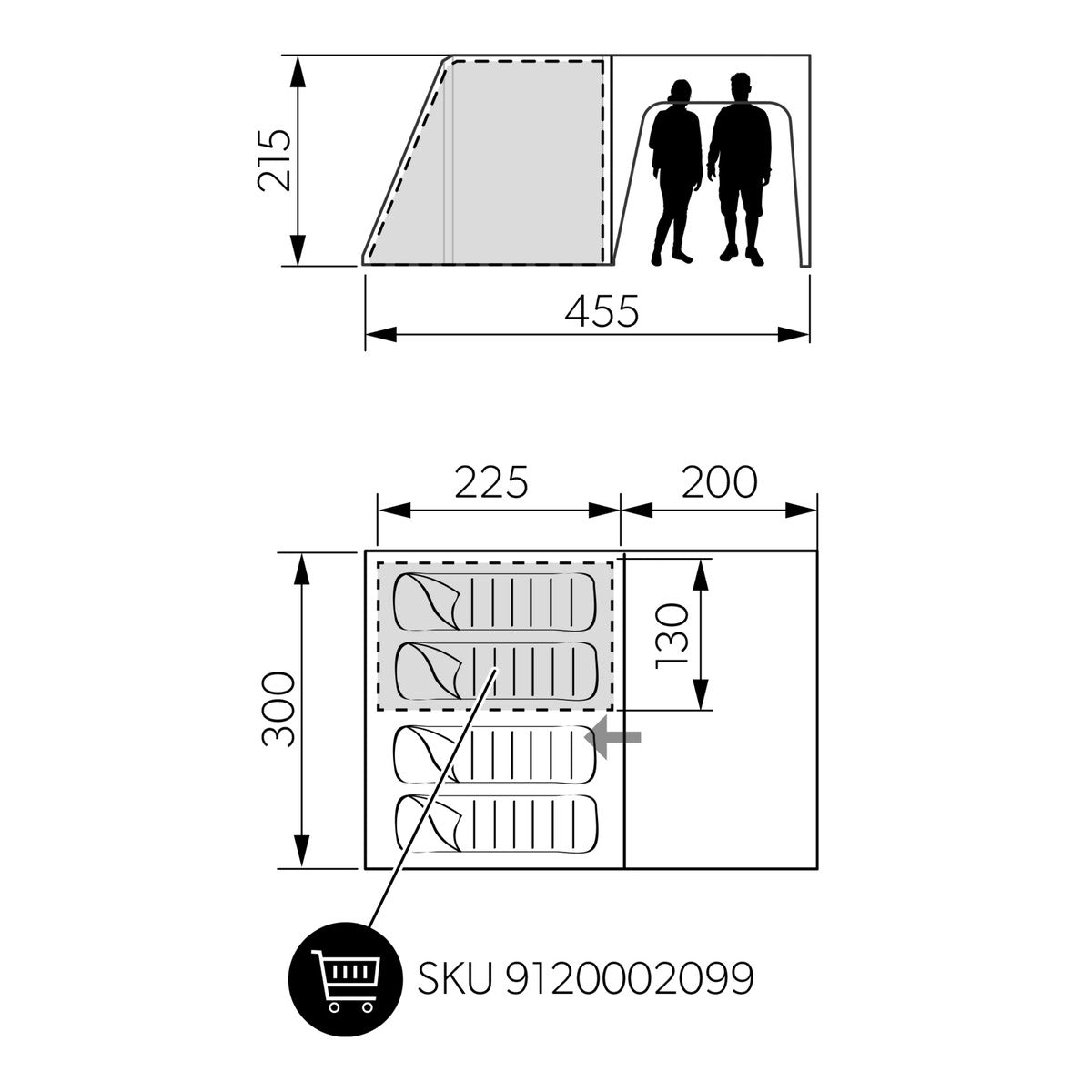 Floor plan of the Dometic Santorini FTK 2x4 TC showing the 225cm sleeping zone, 200cm canopy and the optional inner tent