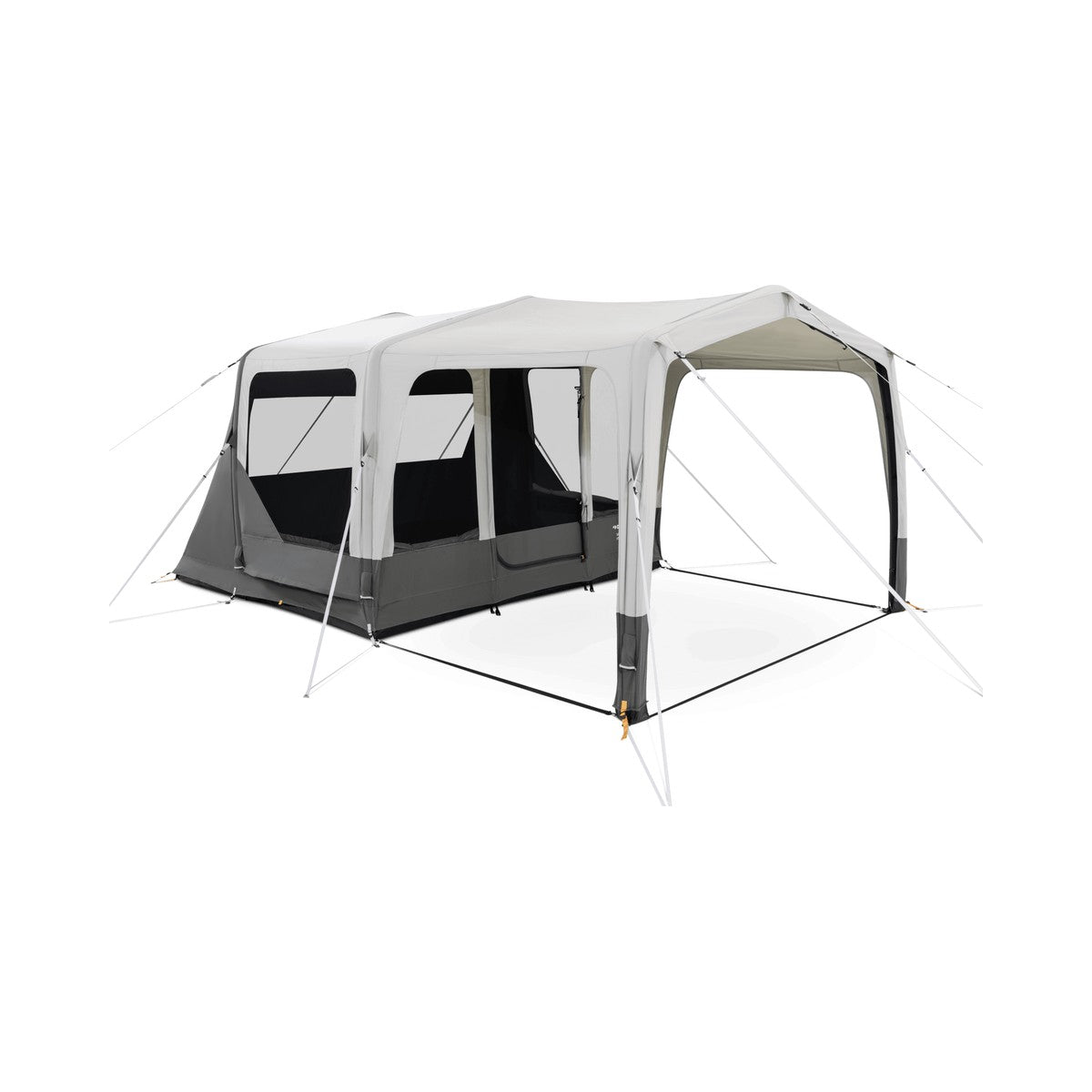 Front three-quarter view of the Dometic Santorini FTK 2x4 TC with the doors zipped shut and the canopy extended