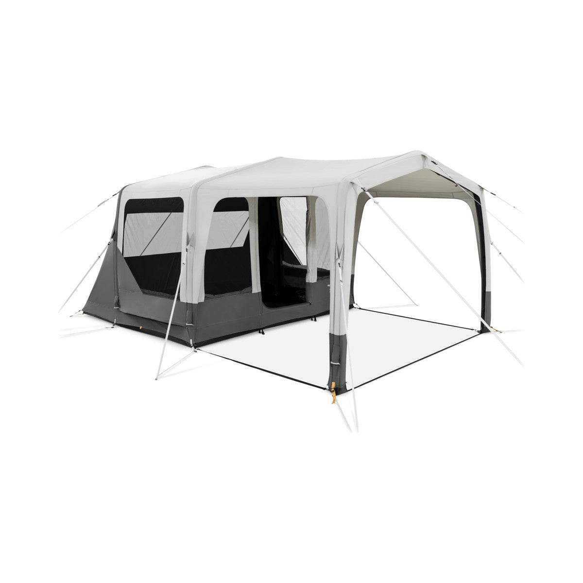 Front three-quarter view of the Dometic Santorini FTK 2x4 TC with the D-door open, canopy up and guy lines out