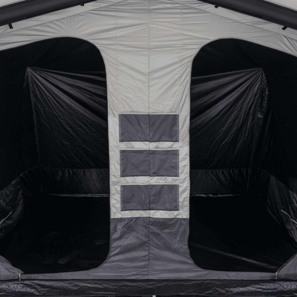 Dark inner tent fitted inside the Santorini 4x8 with the zipped door and storage pockets visible