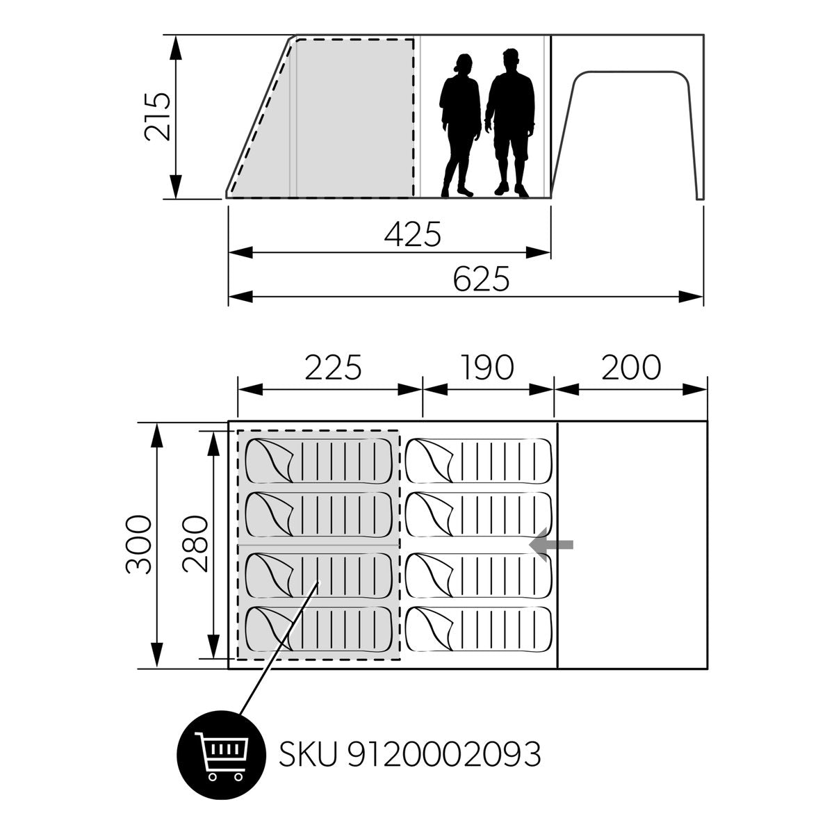 Floor plan of the Dometic Santorini FTK 4x8 TC showing the 225cm sleeping zone, 190cm living area and 200cm canopy with the optional inner tent