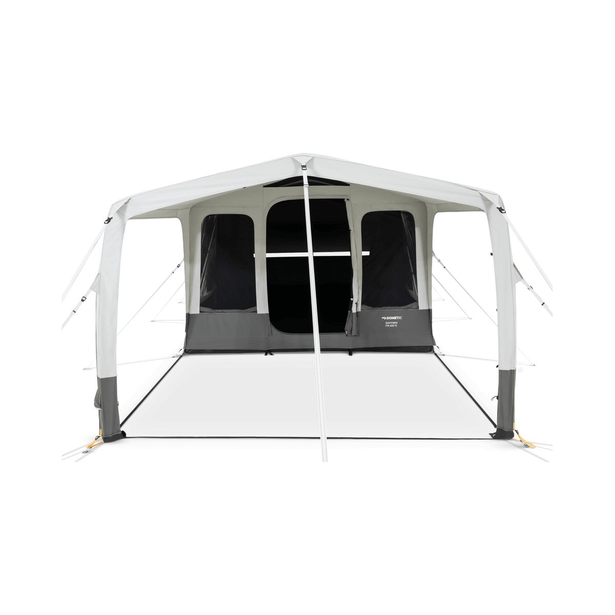 Dometic Santorini FTK 4x8 TC from the front with both D-doors open and the canopy extended over the groundsheet