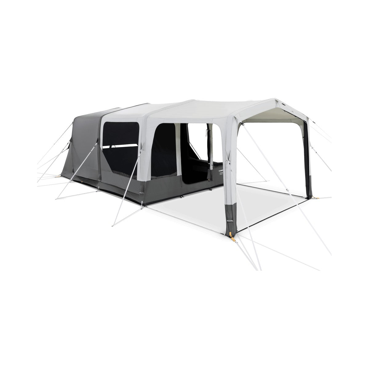 Front three-quarter view of the Dometic Santorini FTK 4x8 TC showing the inflatable canopy, side windows and guy lines