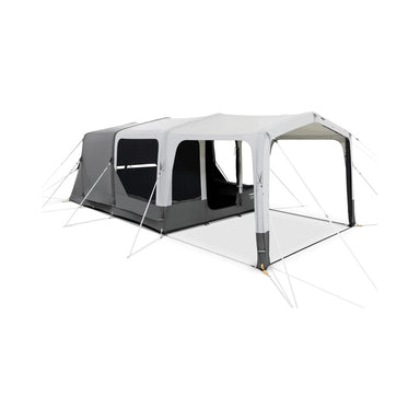 Front three-quarter view of the Dometic Santorini FTK 4x8 TC showing the inflatable canopy, side windows and guy lines