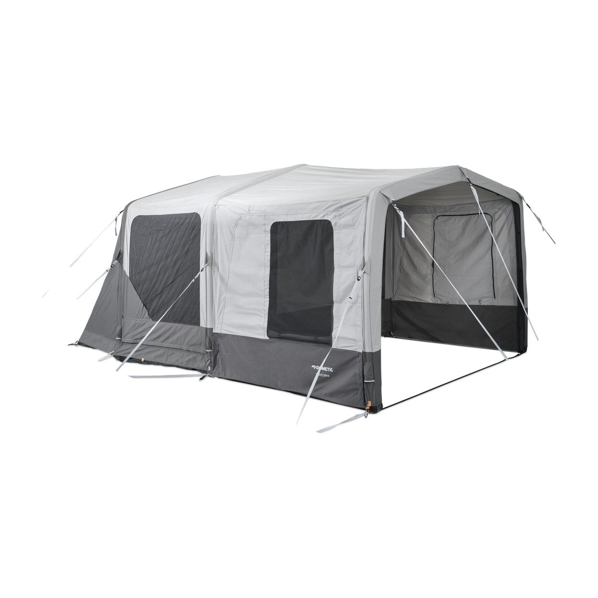 Side view of the Santorini FTK canopy closed in with the sidewall kit and guy lines pegged out
