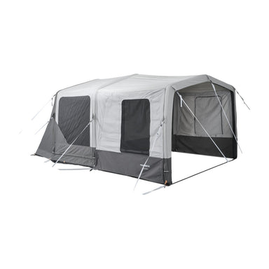 Side view of the Santorini FTK canopy closed in with the sidewall kit and guy lines pegged out