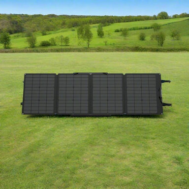 EcoFlow 110W solar panel flat on grass.