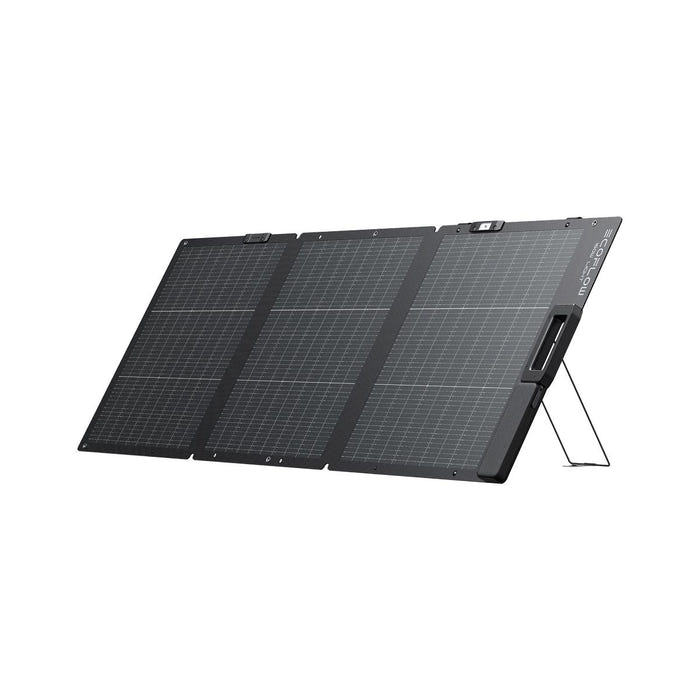 EcoFlow 160W Lightweight Bifacial solar panel angled on its adjustable stand, front view