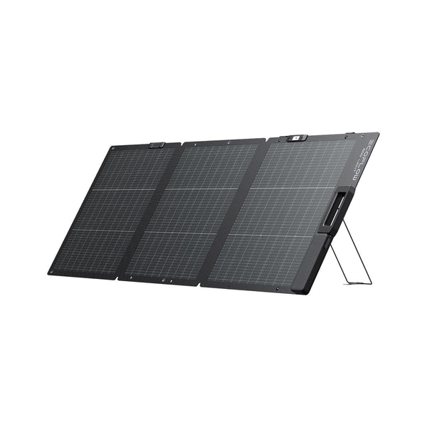 EcoFlow 160W Lightweight Bifacial solar panel angled on its adjustable stand, front view