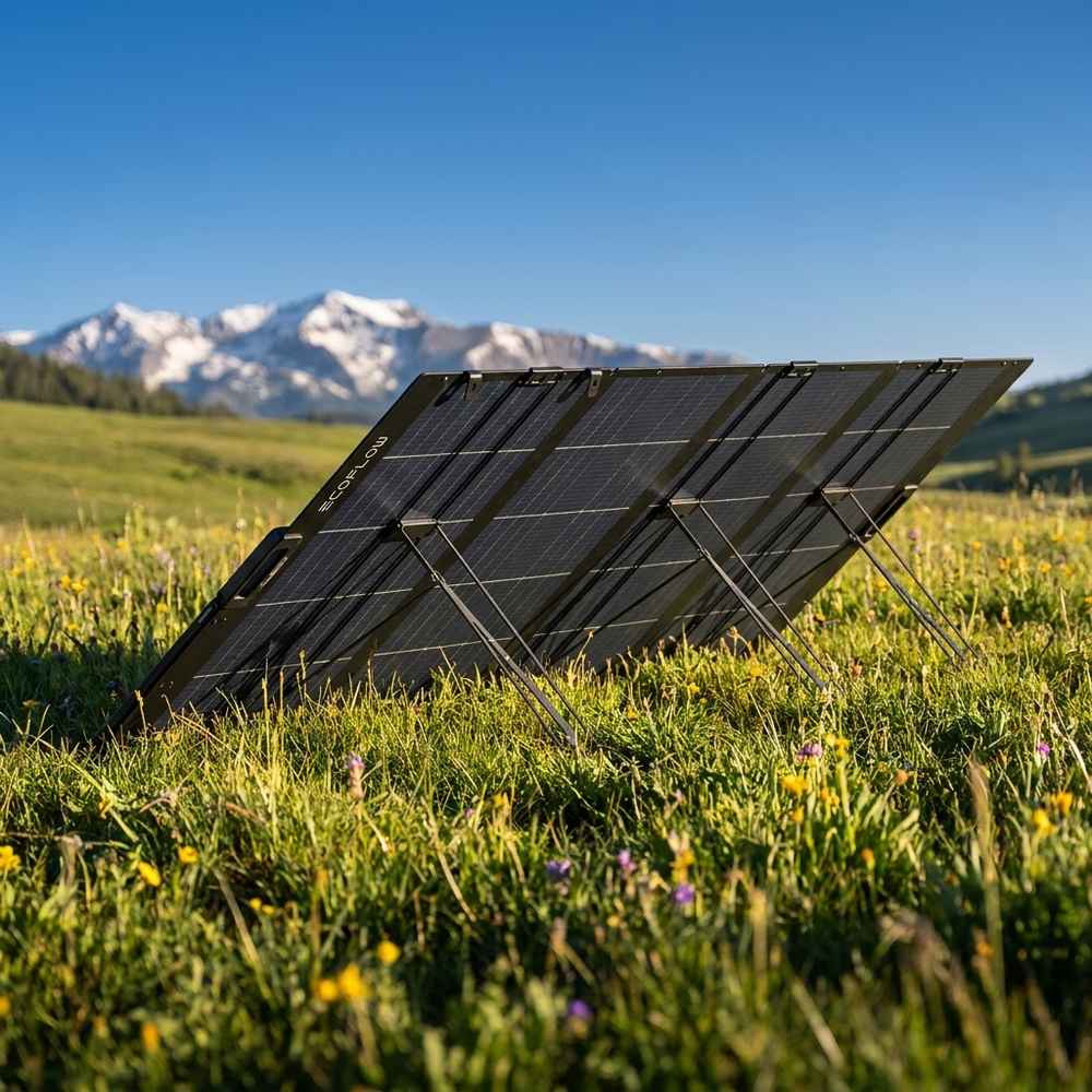 EcoFlow 400W Lightweight Bifacial solar panel set up in an alpine meadow with snow-capped mountains in the background