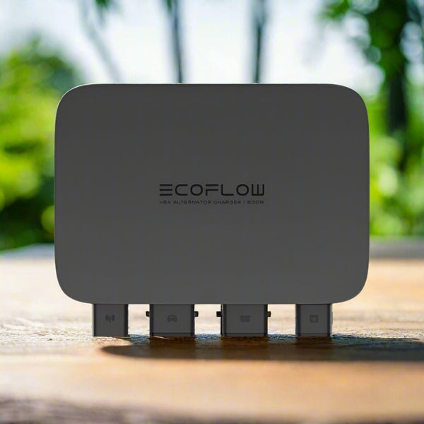EcoFlow Alternator Charger 500W compact design photographed outdoors on wooden table