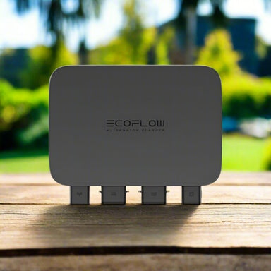 EcoFlow alternator charger front view on timber surface.