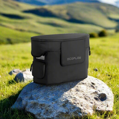 EcoFlow Delta 2 Max carry bag on rock outdoors.