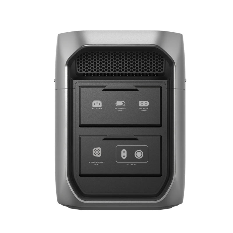 Front panel view of EcoFlow Delta 3 Max Plus showing AC charge, DC output, and battery expansion ports.