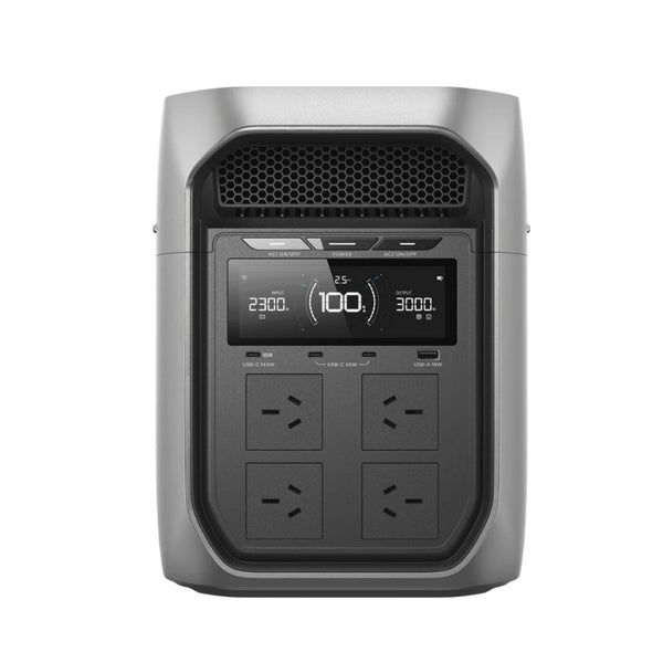 EcoFlow Delta 3 Max Plus front display showing battery level, power output, and AC outlets.