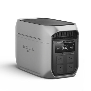 Angled view of EcoFlow Delta 3 Max Plus portable power station with LCD display and AC outlets.
