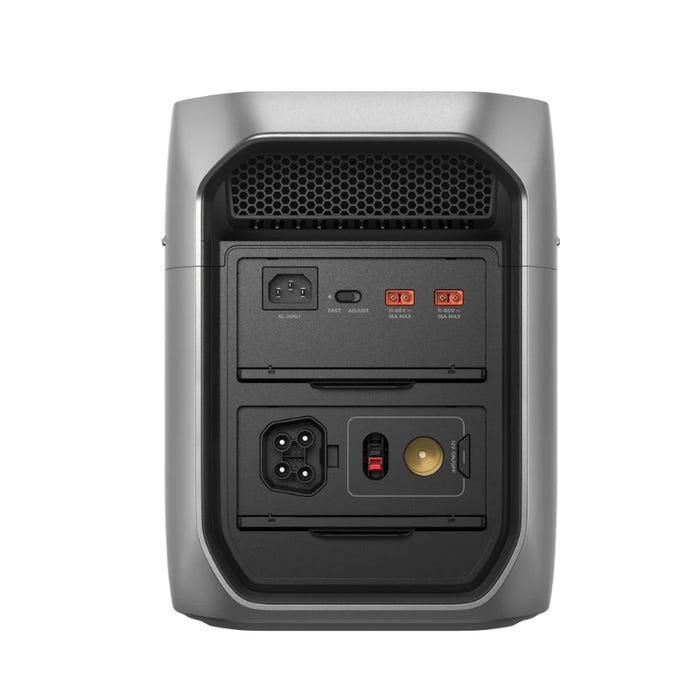 Rear ports of EcoFlow Delta 3 Max Plus including AC input, solar input, and battery expansion connectors.