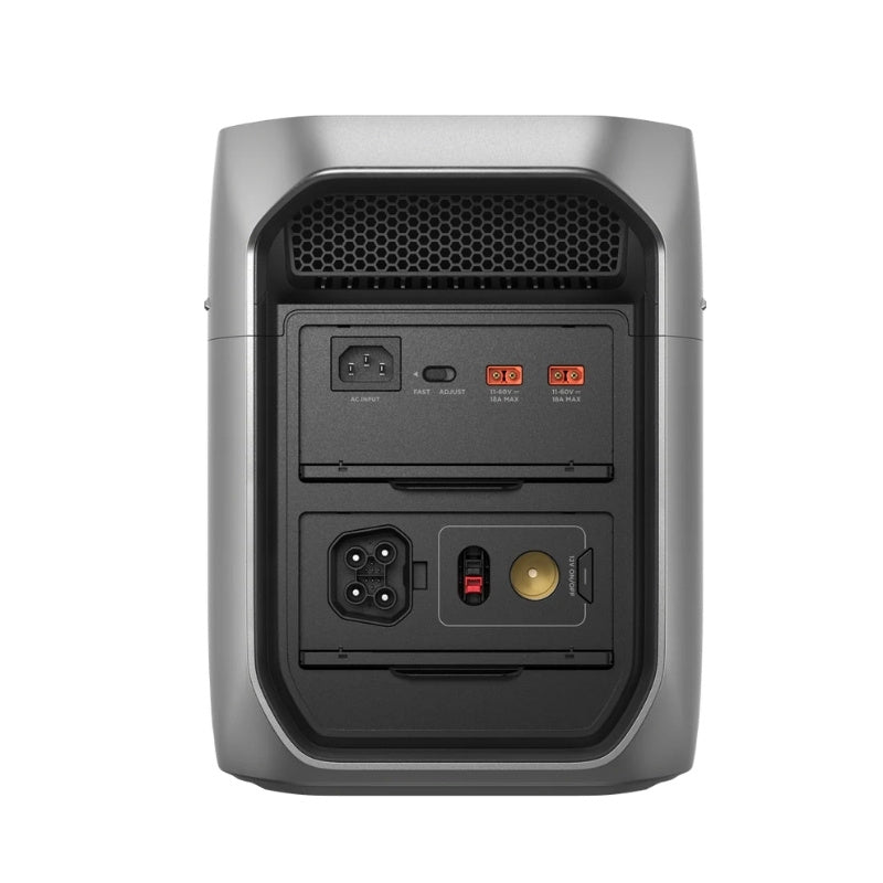 Rear ports of EcoFlow Delta 3 Max Plus including AC input, solar input, and battery expansion connectors.