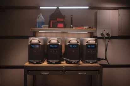 EcoFlow DELTA Pro 3 Smart Extra Batteries powering devices in a home garage