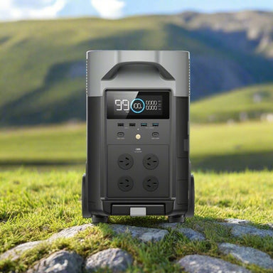EcoFlow Delta Pro solar generator front with ports and display.