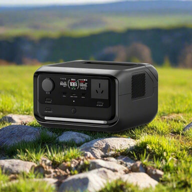 EcoFlow River 3 Plus power station on outdoor rocks.