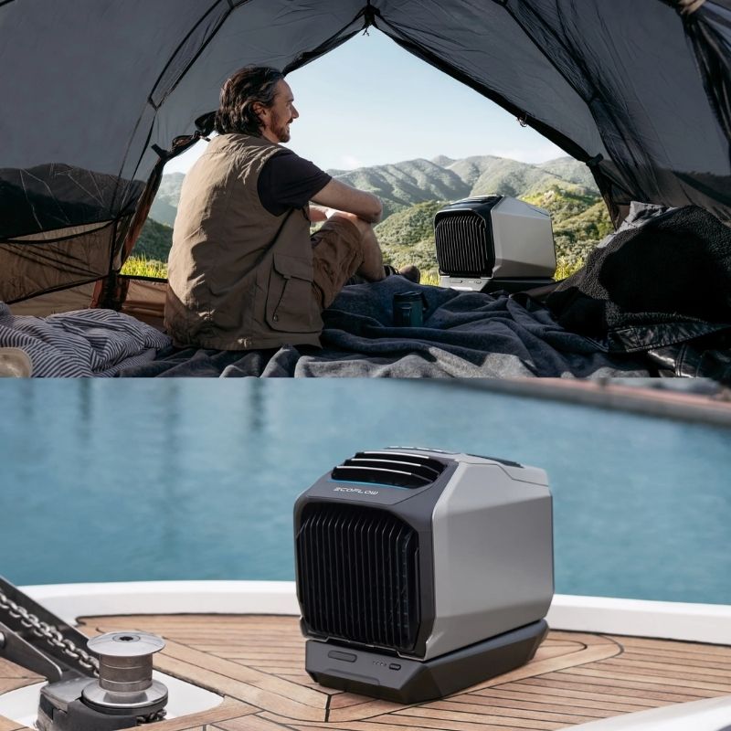 EcoFlow WAVE 2 Portable Air Conditioner with Heater running on a boat and in a camping set up