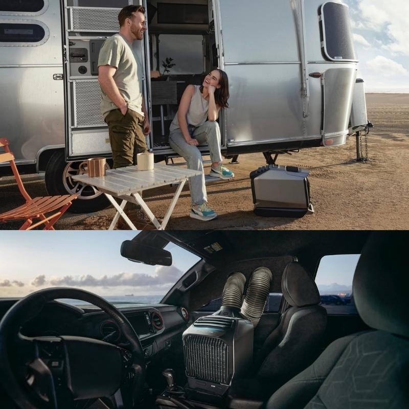 EcoFlow WAVE 2 Portable Air Conditioner with Heater placed beside a caravan