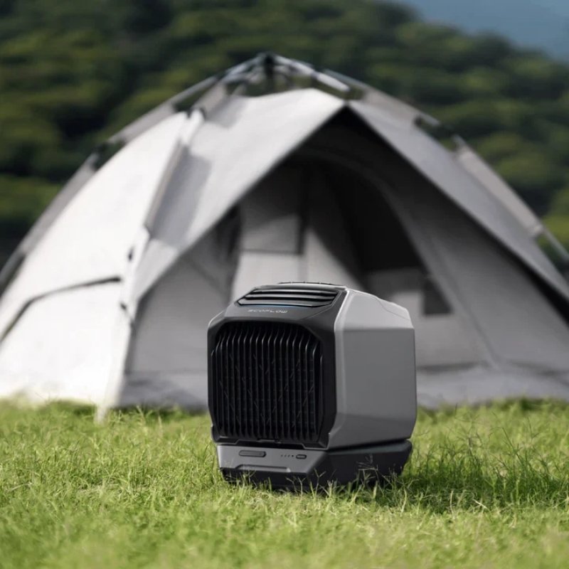 EcoFlow WAVE 2 Portable Air Conditioner with Heater set up outside a camping tent