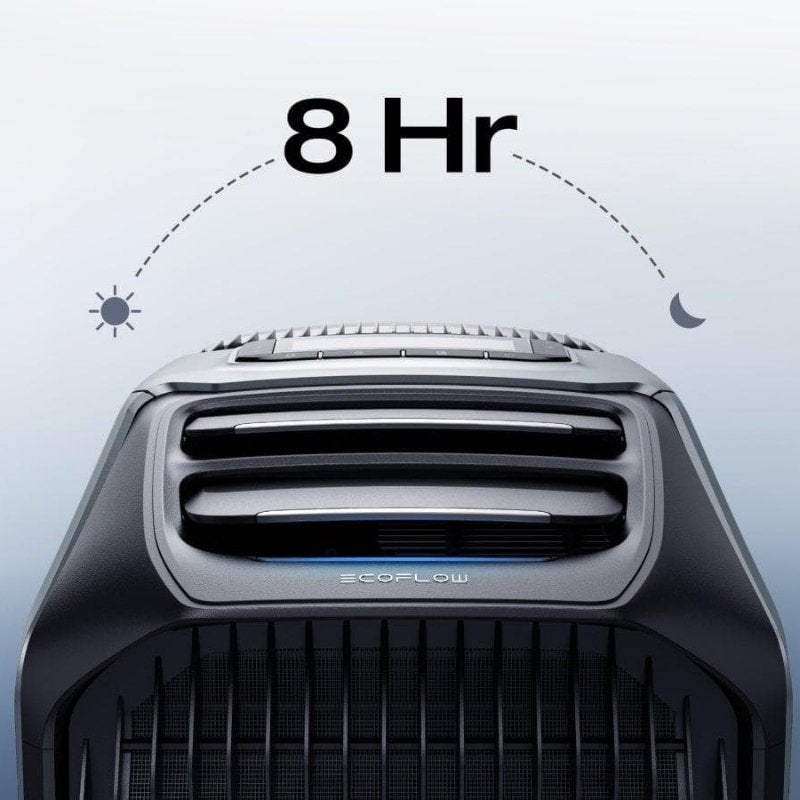 EcoFlow WAVE 3 Portable Air Conditioner close-up with 8 hour runtime display