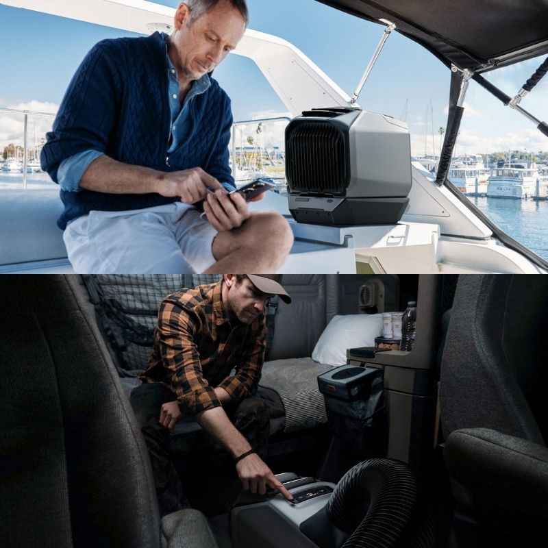 EcoFlow WAVE 3 Portable Air Conditioner running on a boat and inside a truck