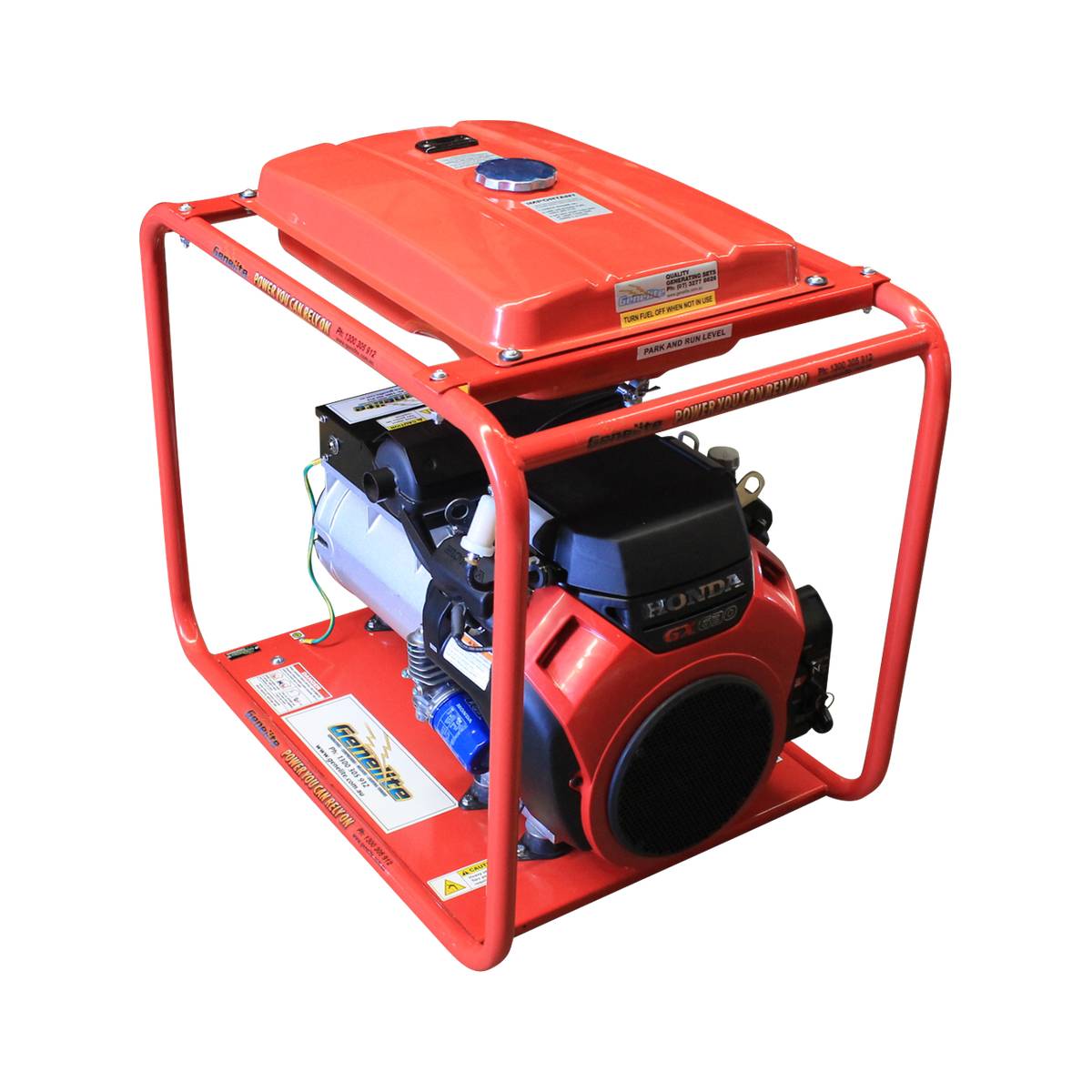 Genelite GH14000E-LRT-AVR 14.5kVA generator showing the Honda GX630E engine